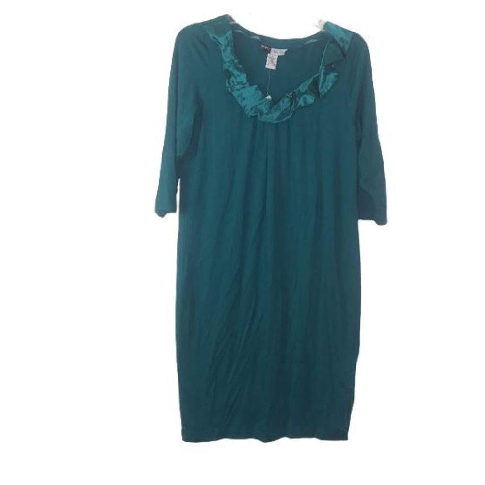 Simply Chloe Dao Satin Ruffle Neck Knit Dress in Teal